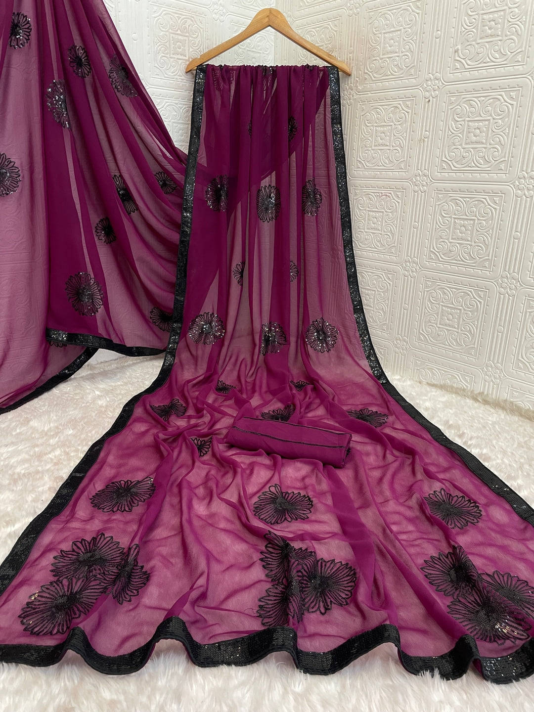 Peachmode Wine Floral Sequin Georgette Saree With Blouse - Image 4