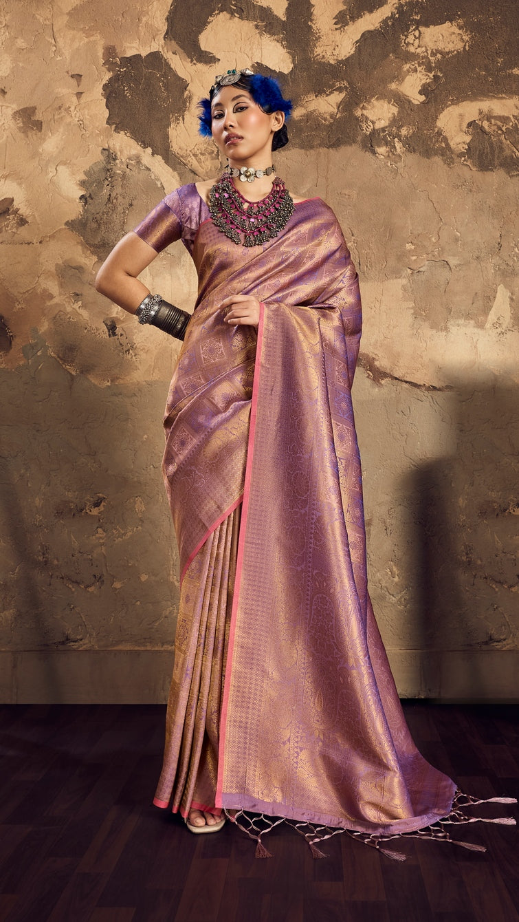 Peachmode Mauve Handloom Silk Woven Saree - Image 1