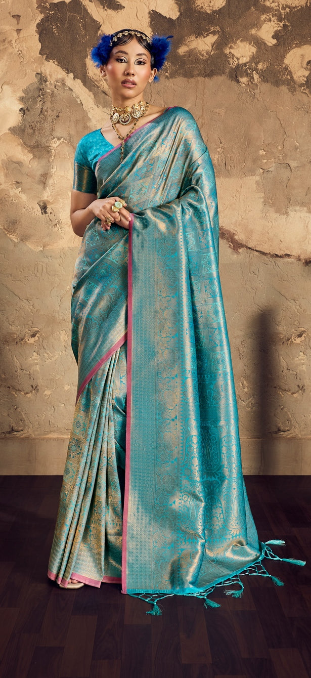Peachmode Turquoise Handloom Silk Woven Saree - Image 1