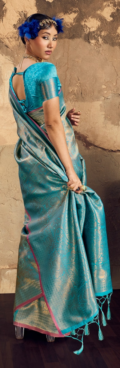 Peachmode Turquoise Handloom Silk Woven Saree - Image 2