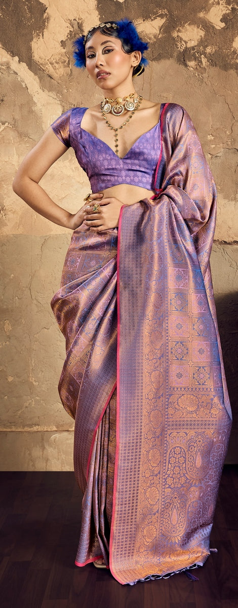 Peachmode Lavender Handloom Silk Woven Saree - Image 1