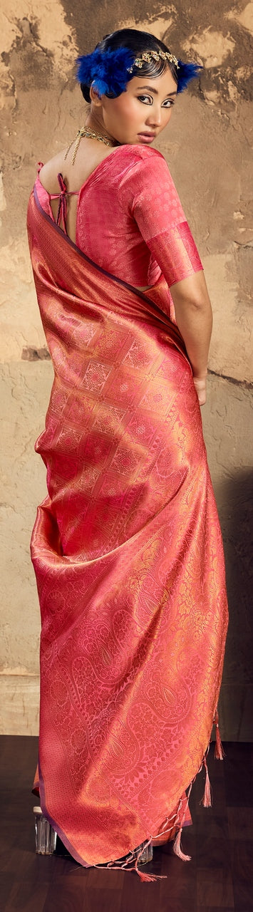 Peachmode Coral Handloom Silk Woven Saree - Image 2