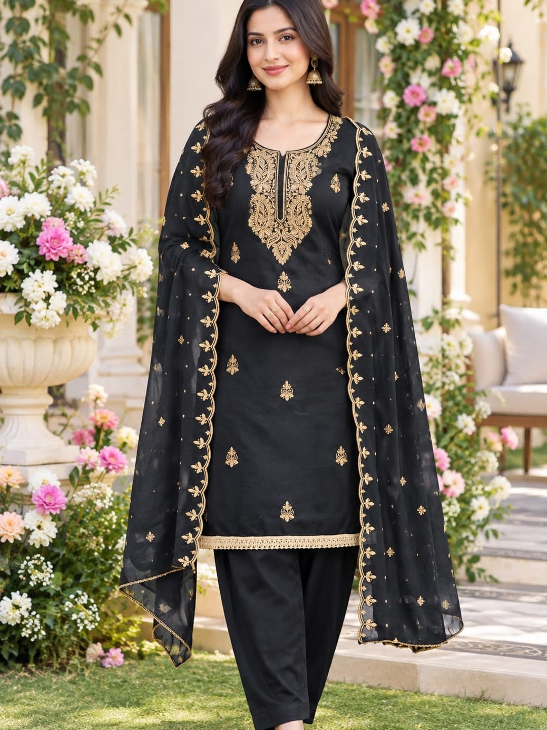 Peachmode Grey Paisley Embroidered Georgette Dress Material - Image 2