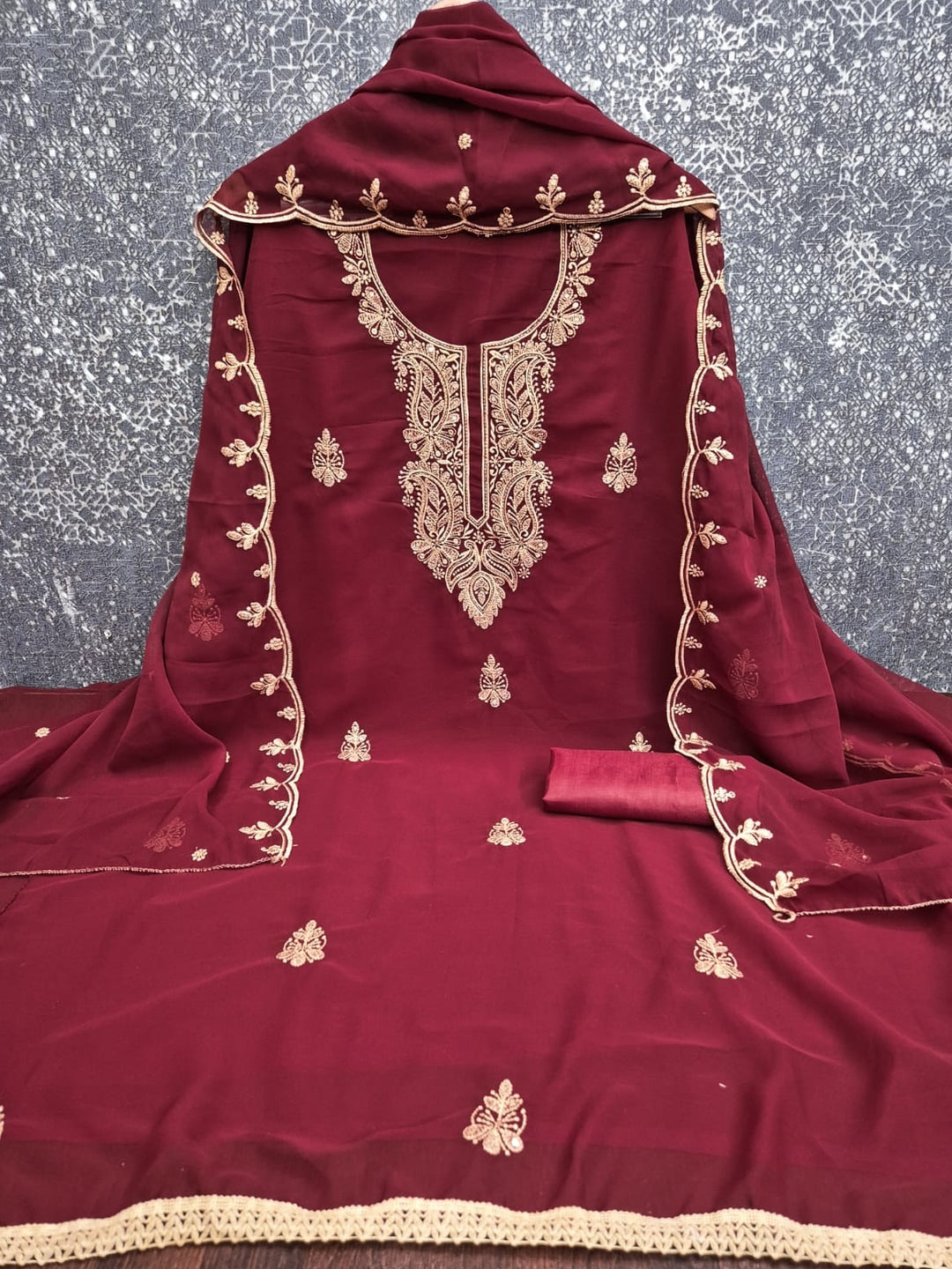 Peachmode Maroon Paisley Embroidered Georgette Dress Material - Image 3