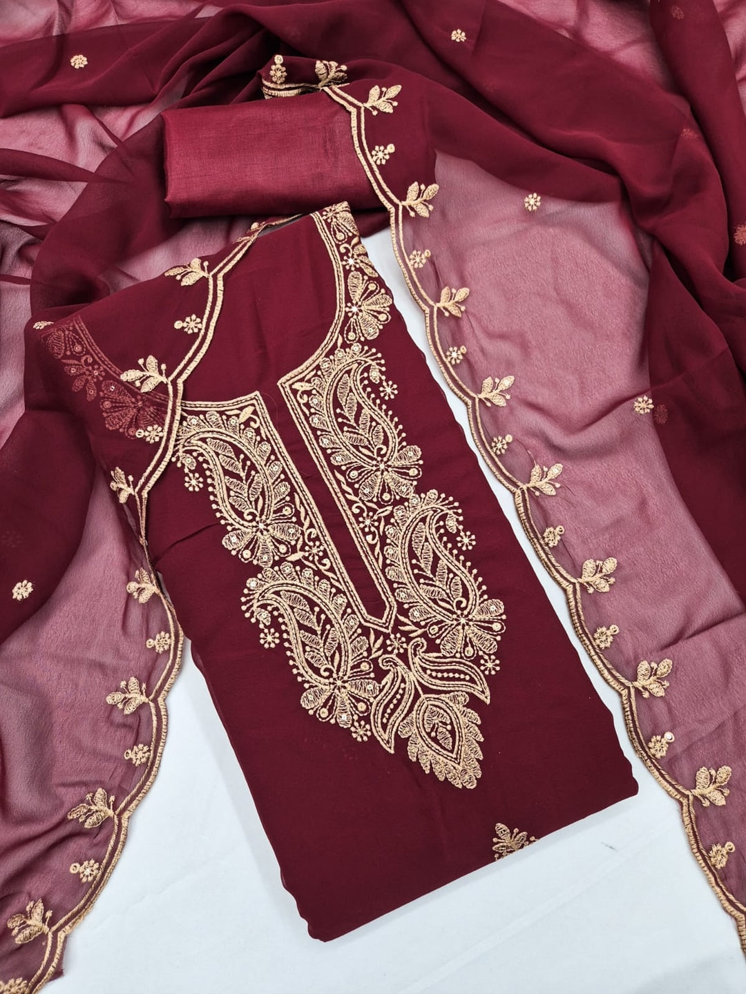 Peachmode Maroon Paisley Embroidered Georgette Dress Material - Image 4