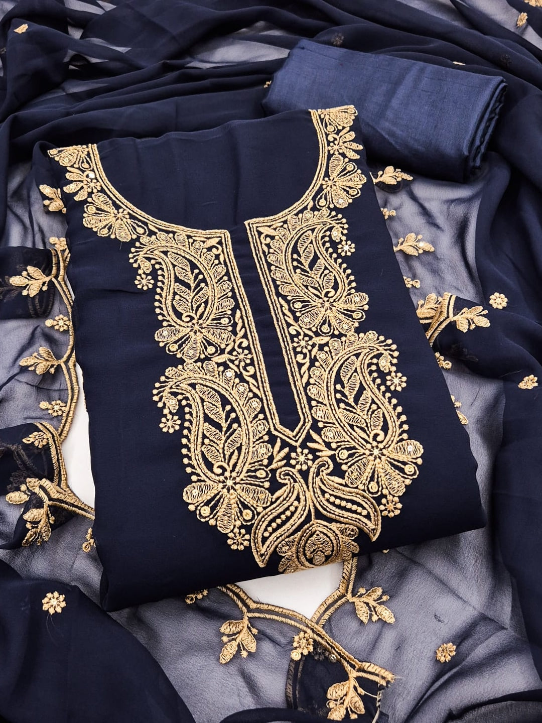 Peachmode Navy Blue Paisley Embroidered Georgette Dress Material - Image 1