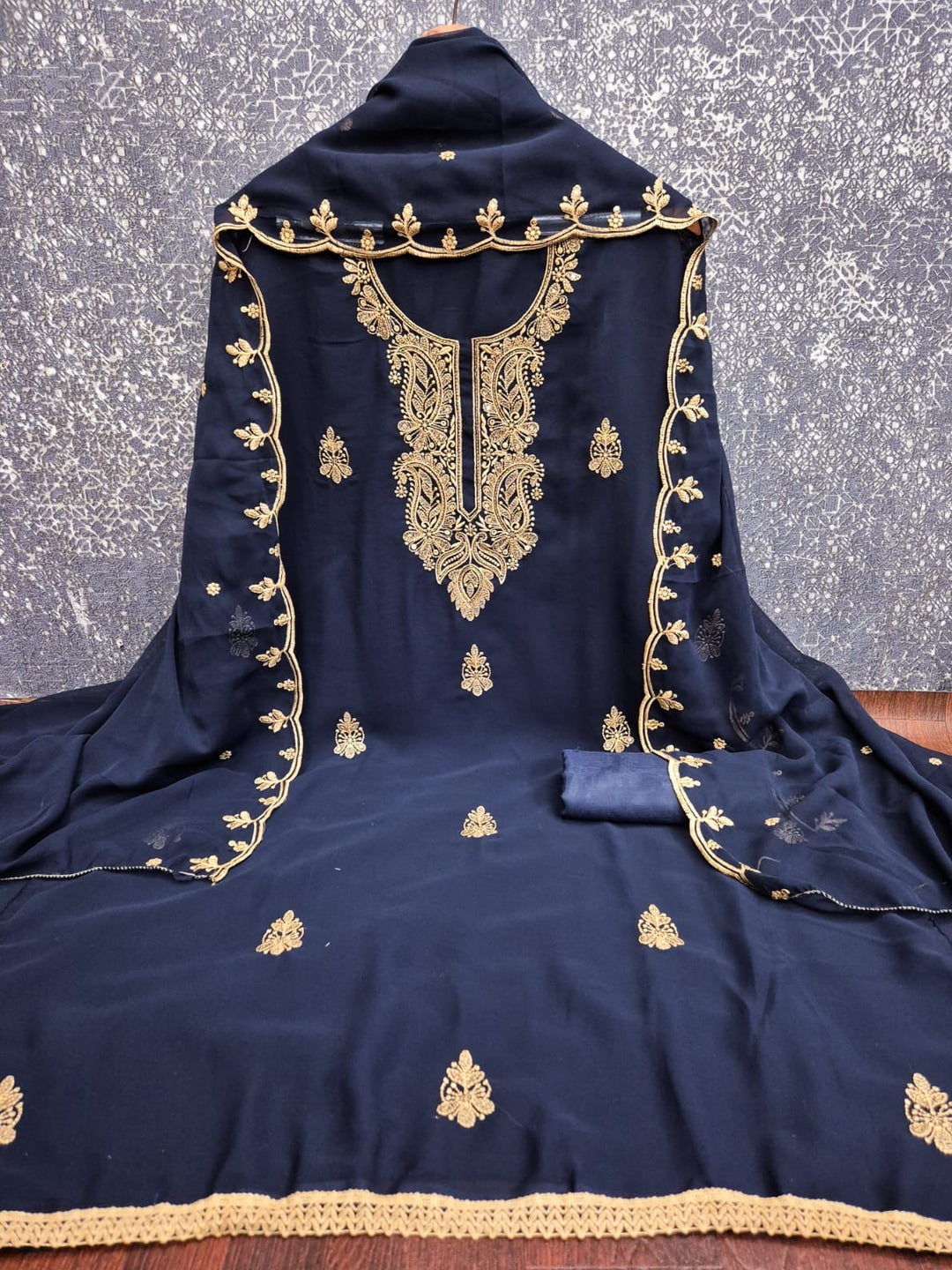 Peachmode Navy Blue Paisley Embroidered Georgette Dress Material - Image 3