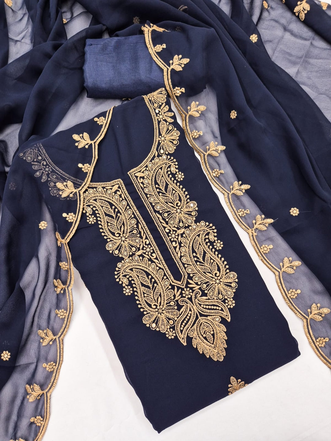 Peachmode Navy Blue Paisley Embroidered Georgette Dress Material - Image 4