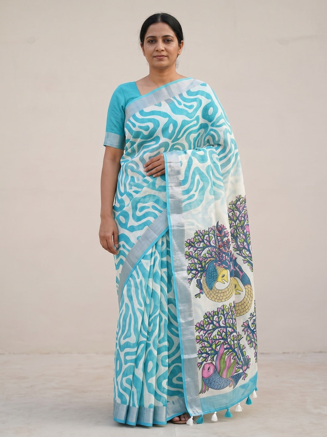 Peachmode Turquoise Abstract Print Linen Cotton Saree - Image 1
