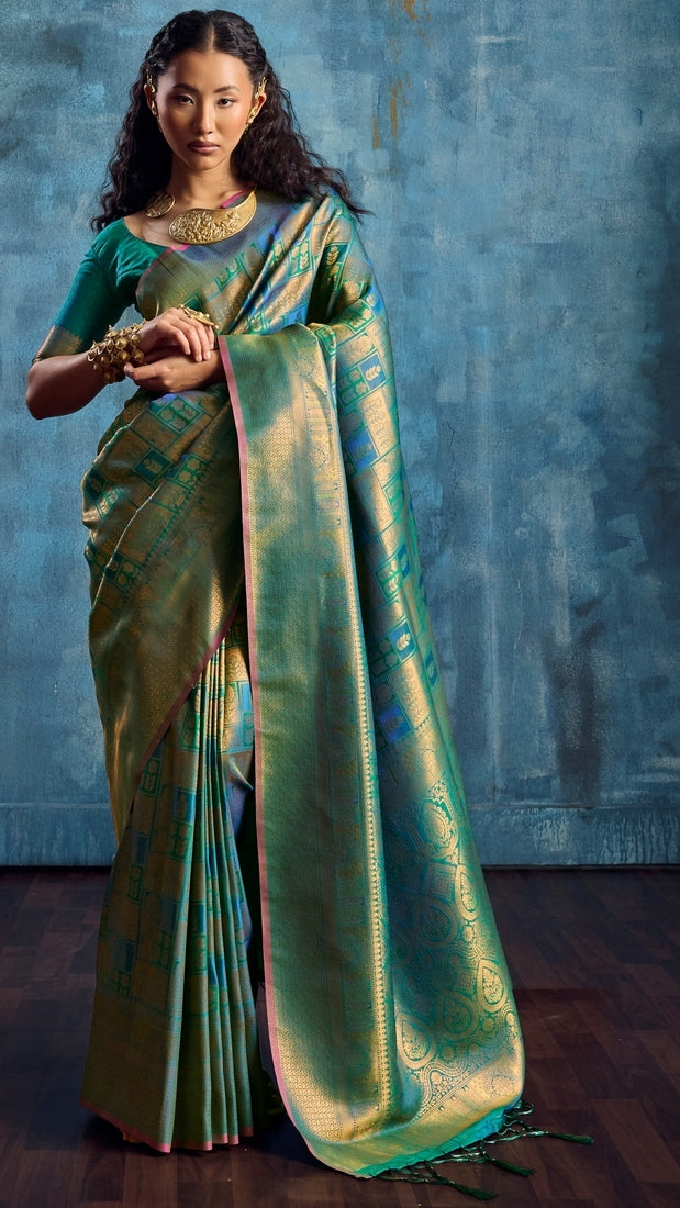 Peachmode Green Handloom Silk Woven Saree - Image 1
