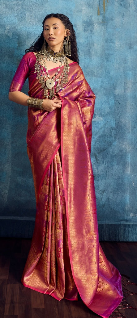 Peachmode Pink Handloom Silk Woven Saree - Image 1