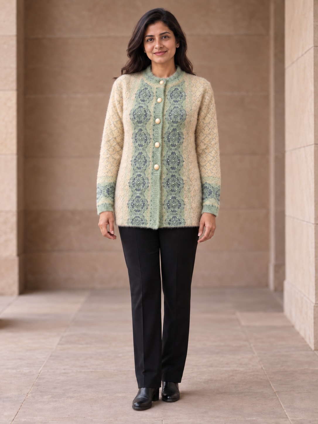 Peachmode Beige Woolen Cardigan - Image 1