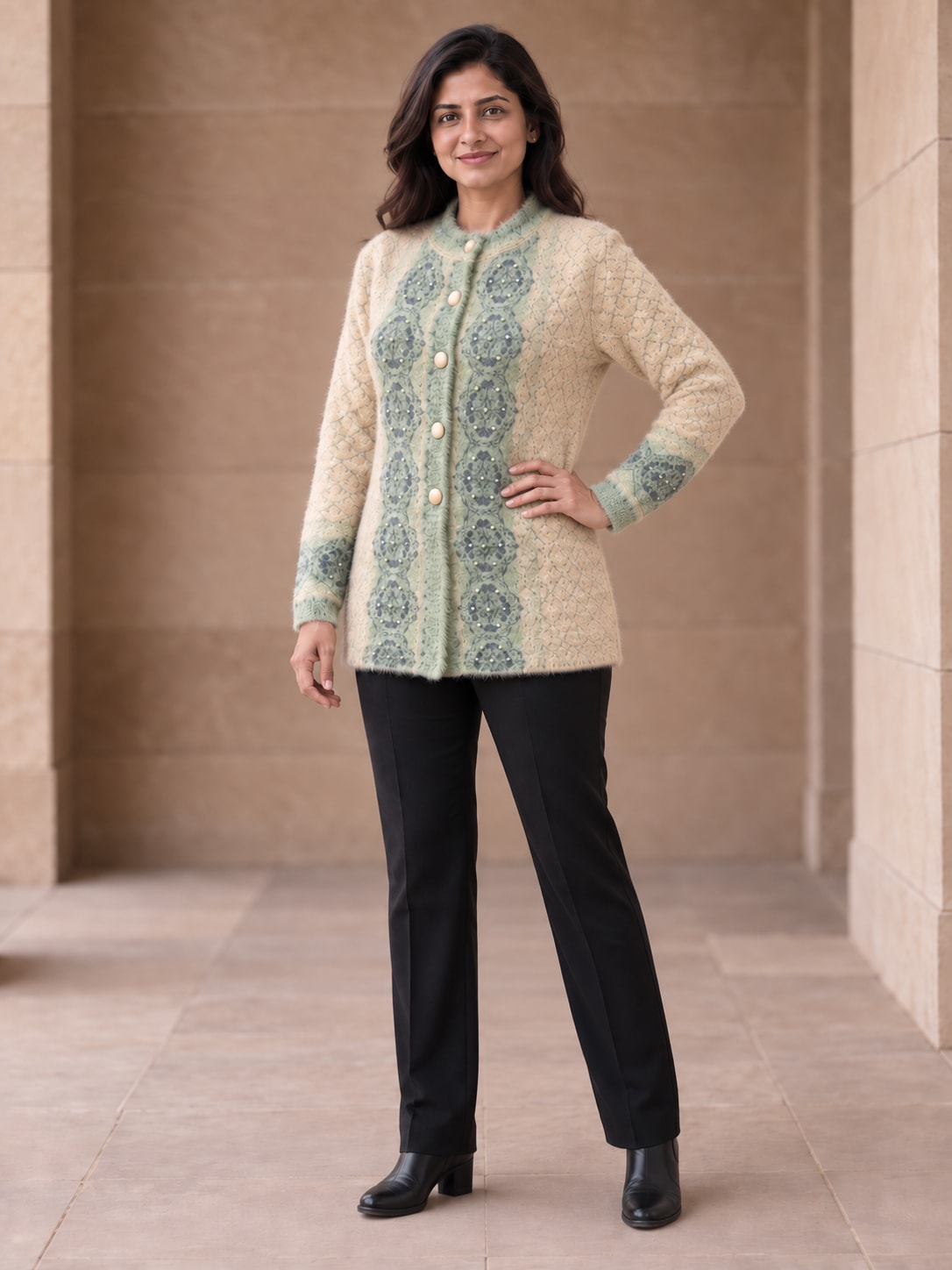 Peachmode Beige Woolen Cardigan - Image 2