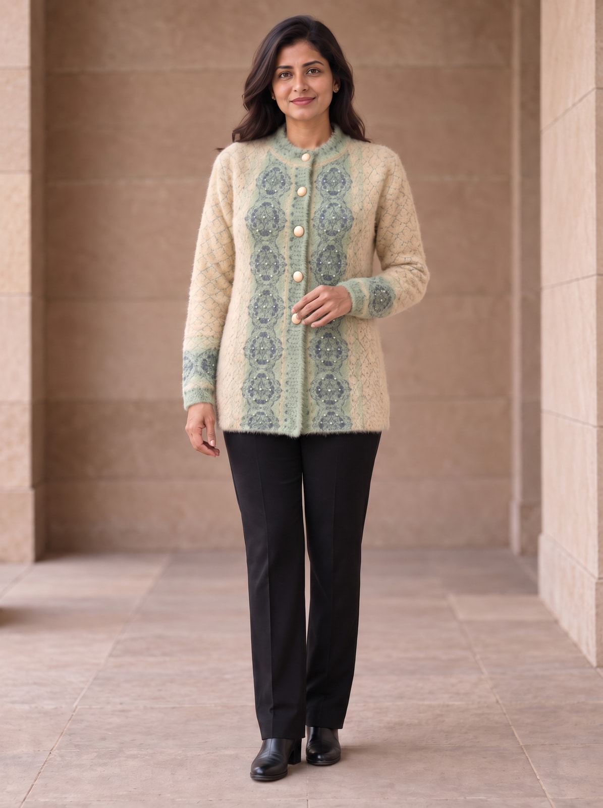 Peachmode Beige Woolen Cardigan - Image 5