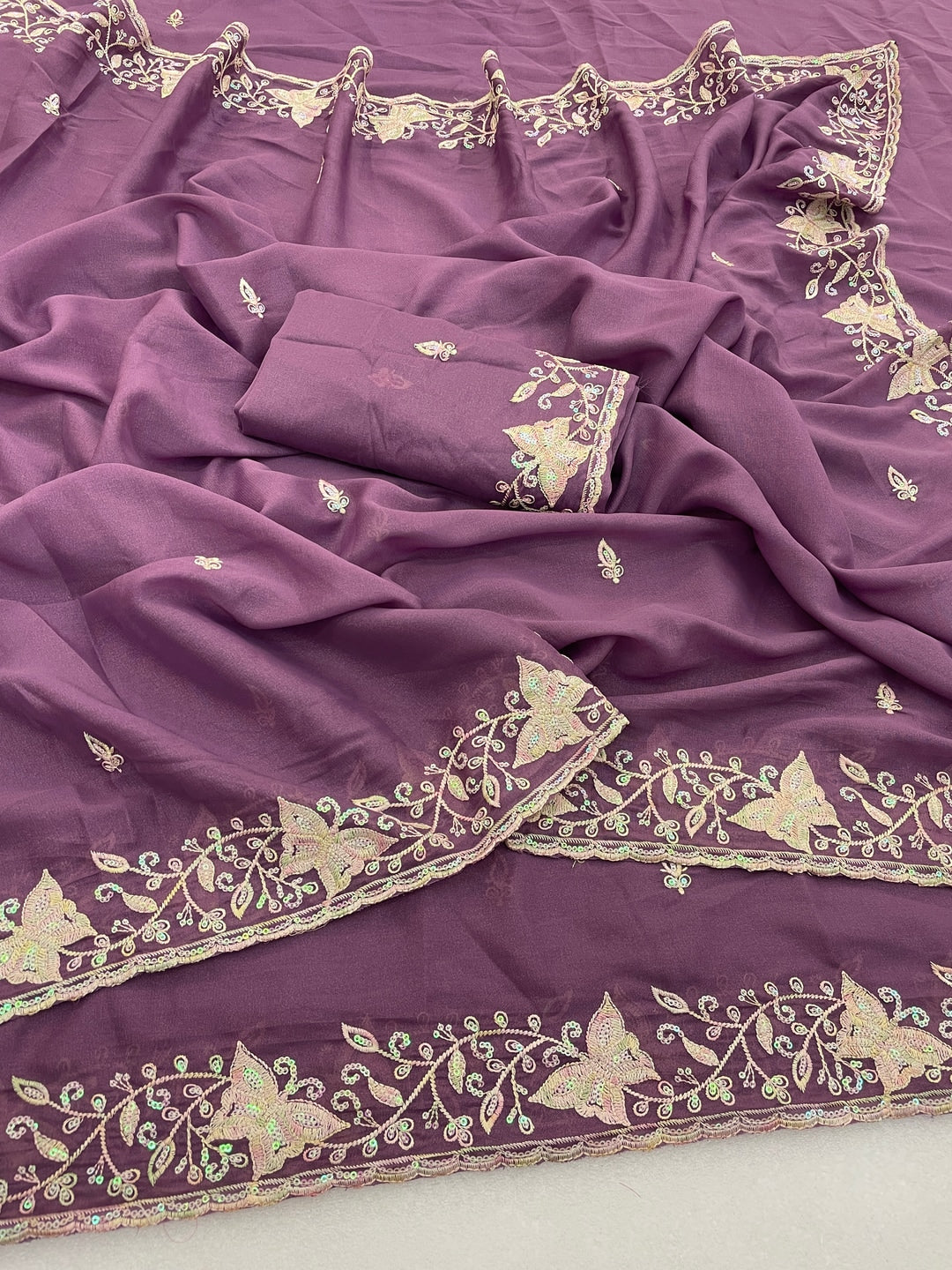 Peachmode Lavender Embroidered Georgette Silk Saree - Image 2