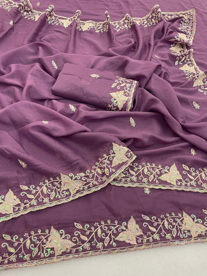 Peachmode Lavender Embroidered Georgette Silk Saree - Image 2