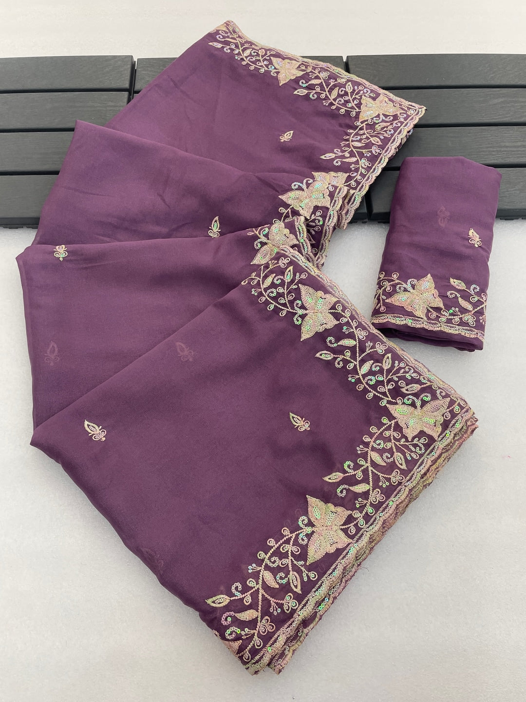 Peachmode Lavender Embroidered Georgette Silk Saree - Image 1