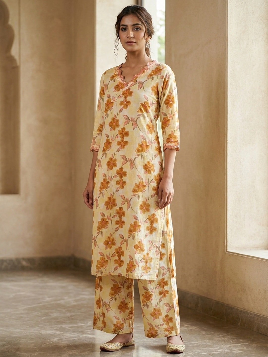 Peachmode Cream Cotton Floral Printed Co-ord Set - Image 1