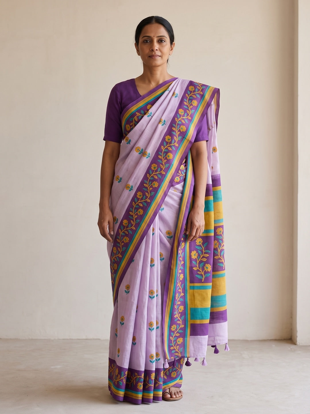 Peachmode Lavender Printed Linen Cotton Saree - Image 1