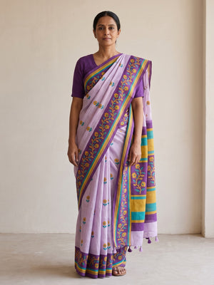 Peachmode Lavender Printed Linen Cotton Saree - Image 1