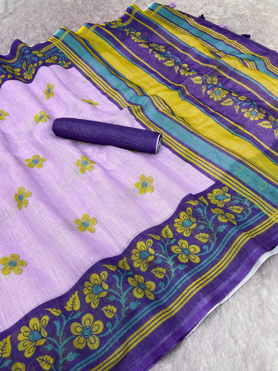 Peachmode Lavender Printed Linen Cotton Saree - Image 2