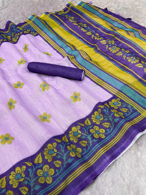 Peachmode Lavender Printed Linen Cotton Saree - Image 2