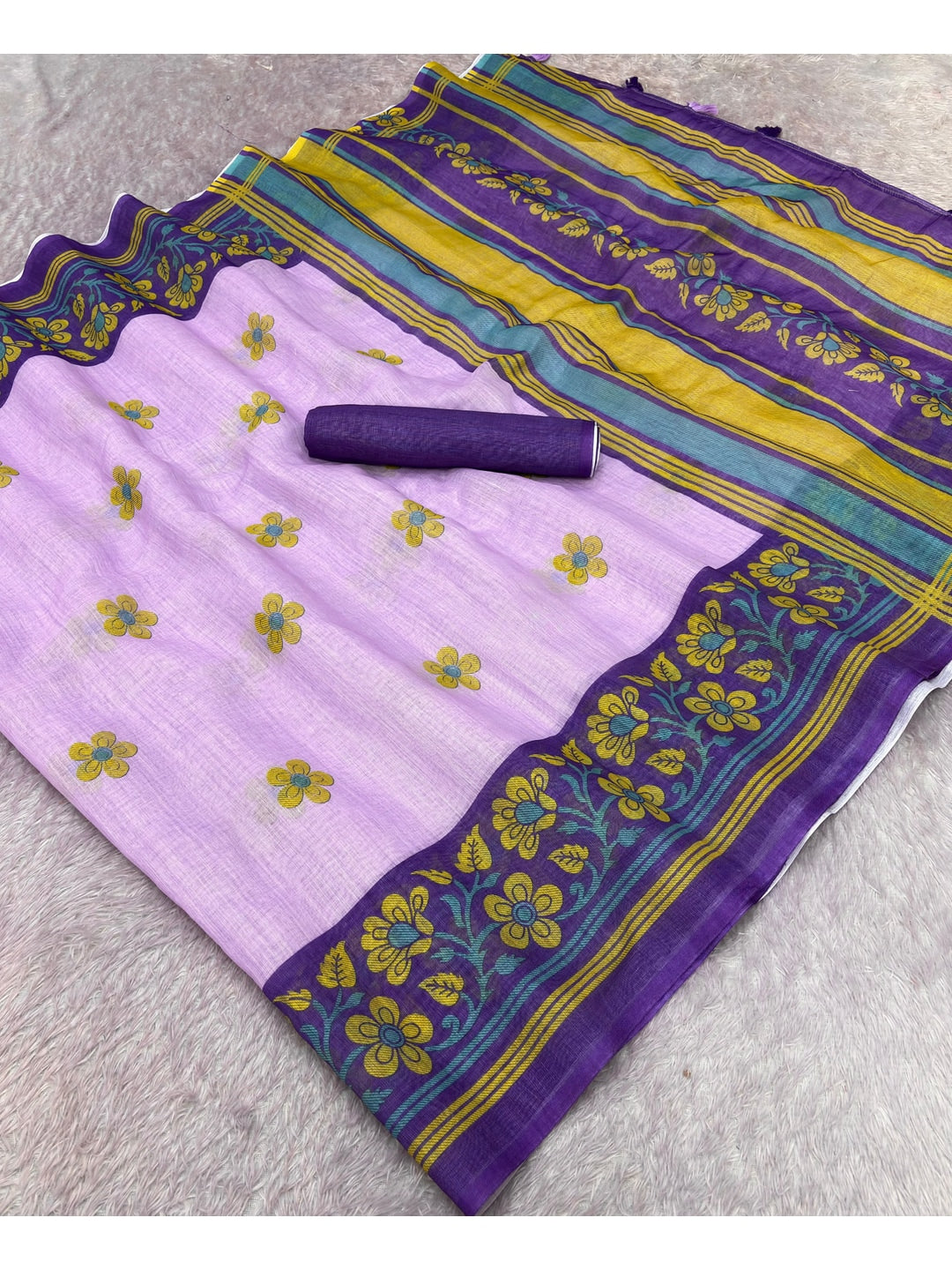 Peachmode Lavender Printed Linen Cotton Saree - Image 3