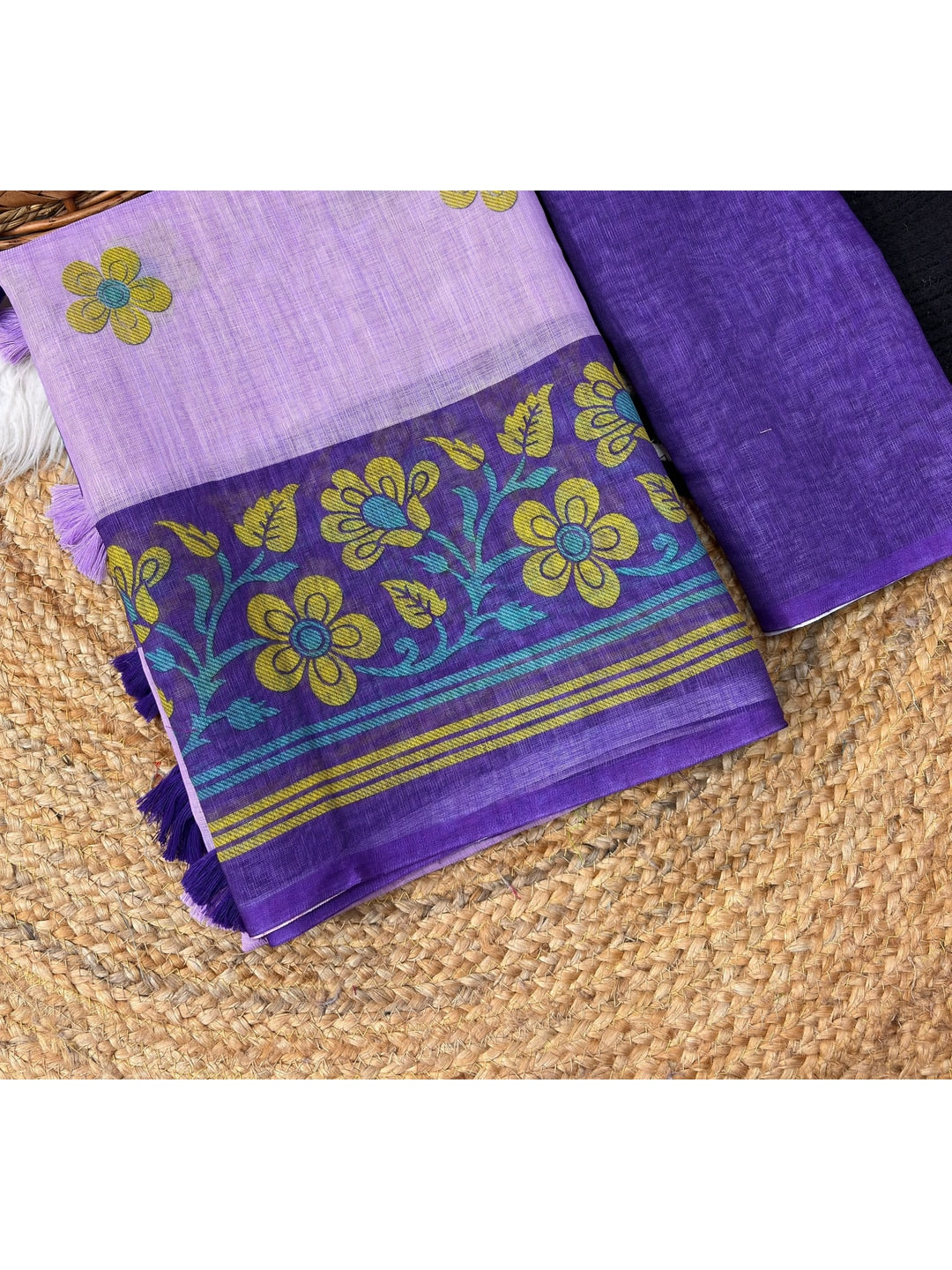 Peachmode Lavender Printed Linen Cotton Saree - Image 4