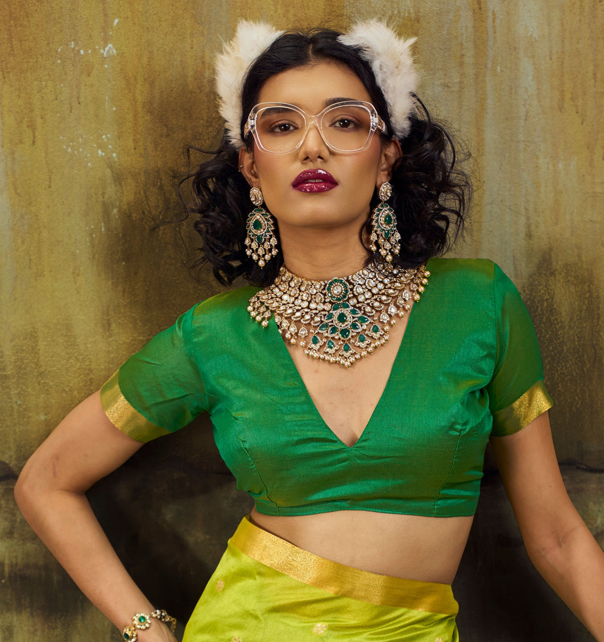 Peachmode Lime Green Handloom Silk Woven Saree - Image 3