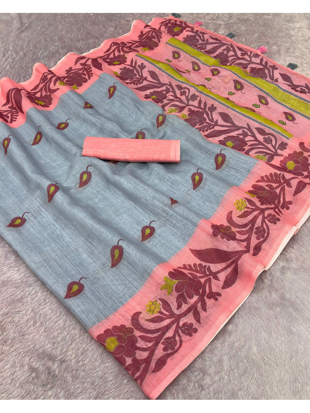 Peachmode Grey Printed Linen Cotton Saree - Image 2
