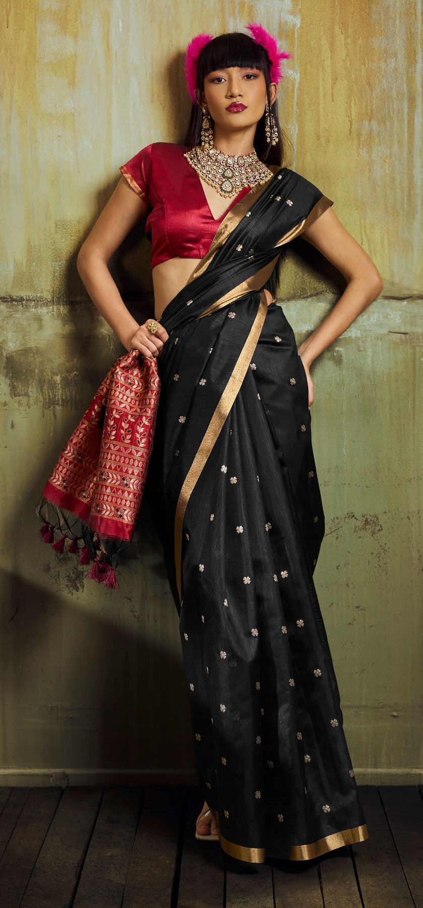 Peachmode Black Handloom Silk Woven Saree - Image 1