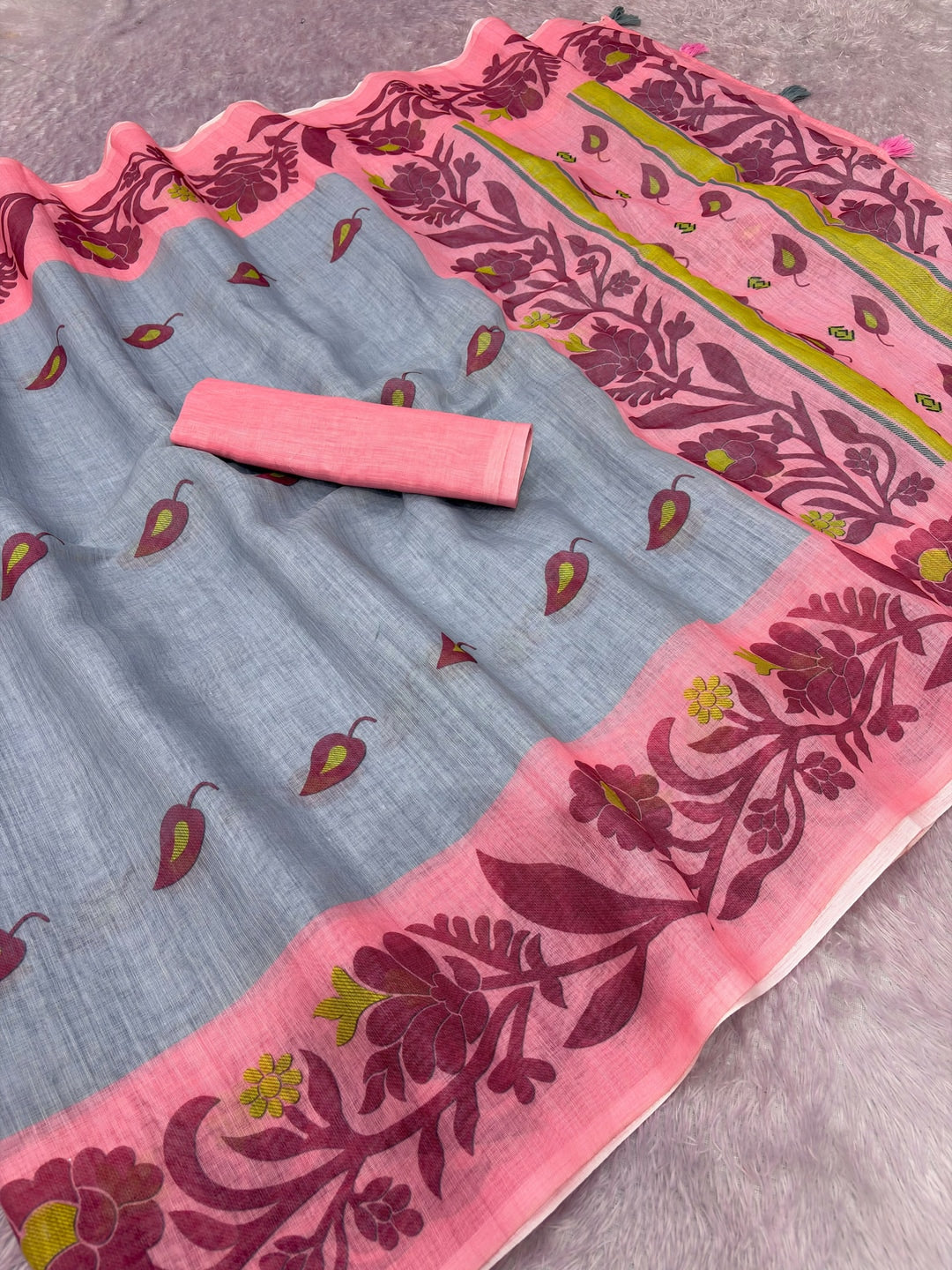 Peachmode Grey Printed Linen Cotton Saree - Image 3