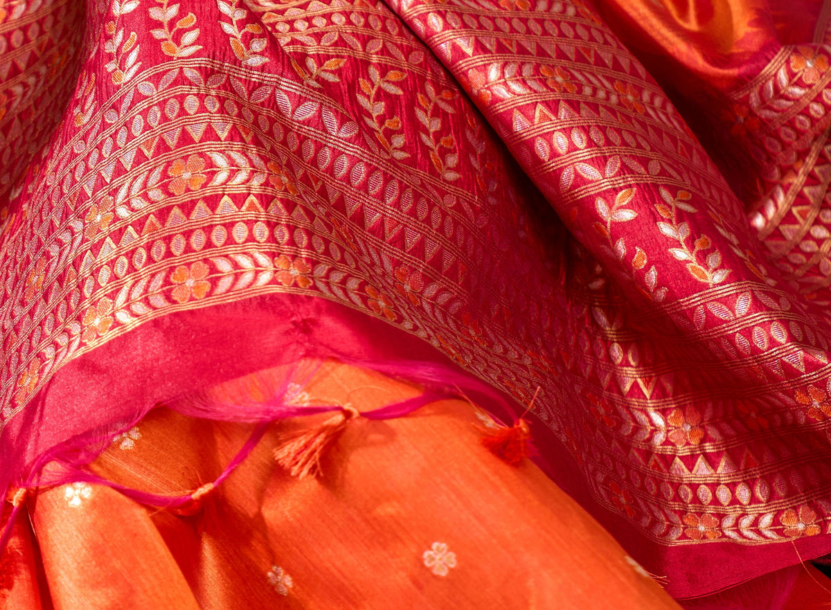 Peachmode Orange Handloom Silk Woven Saree - Image 4