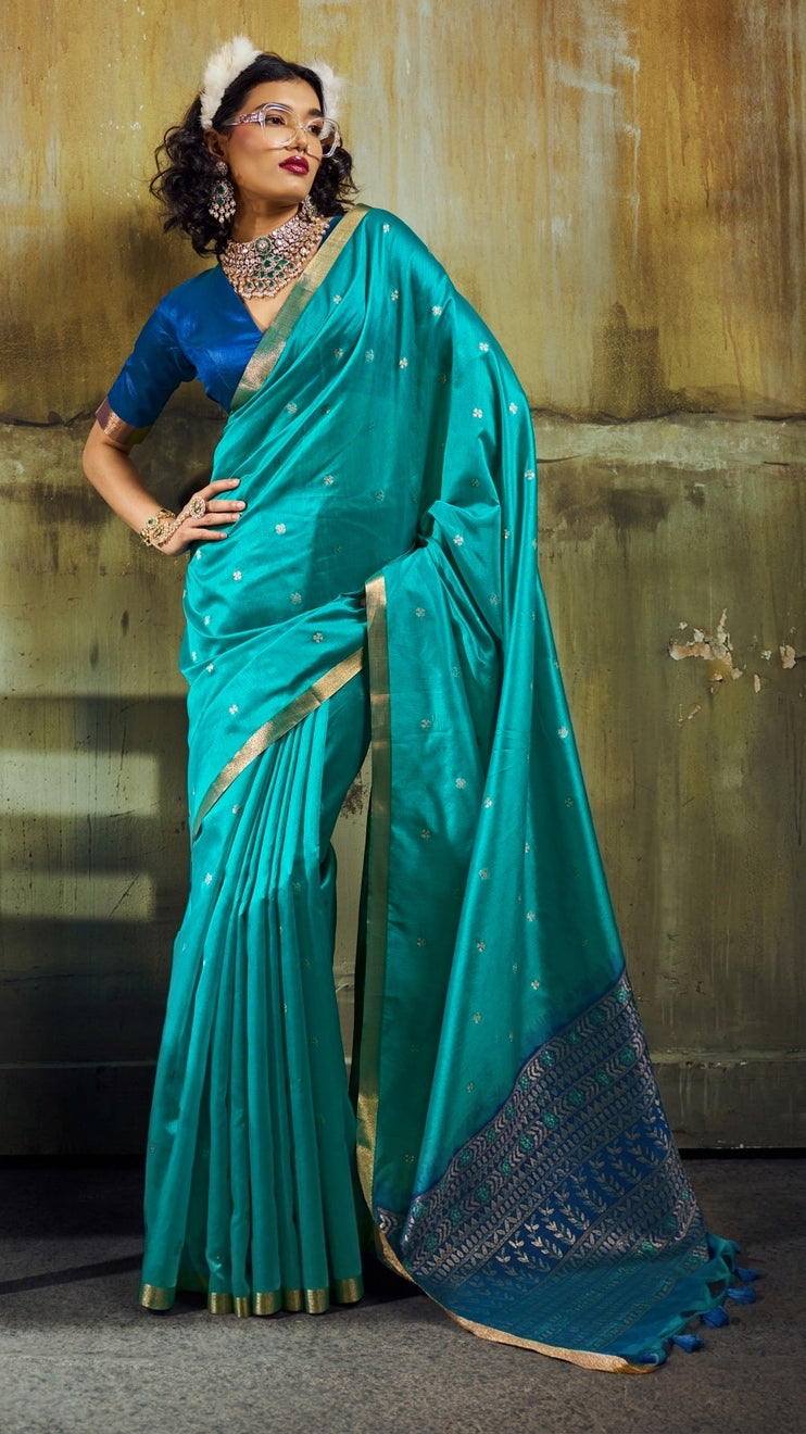Peachmode Turquoise Handloom Silk Woven Saree - Image 1
