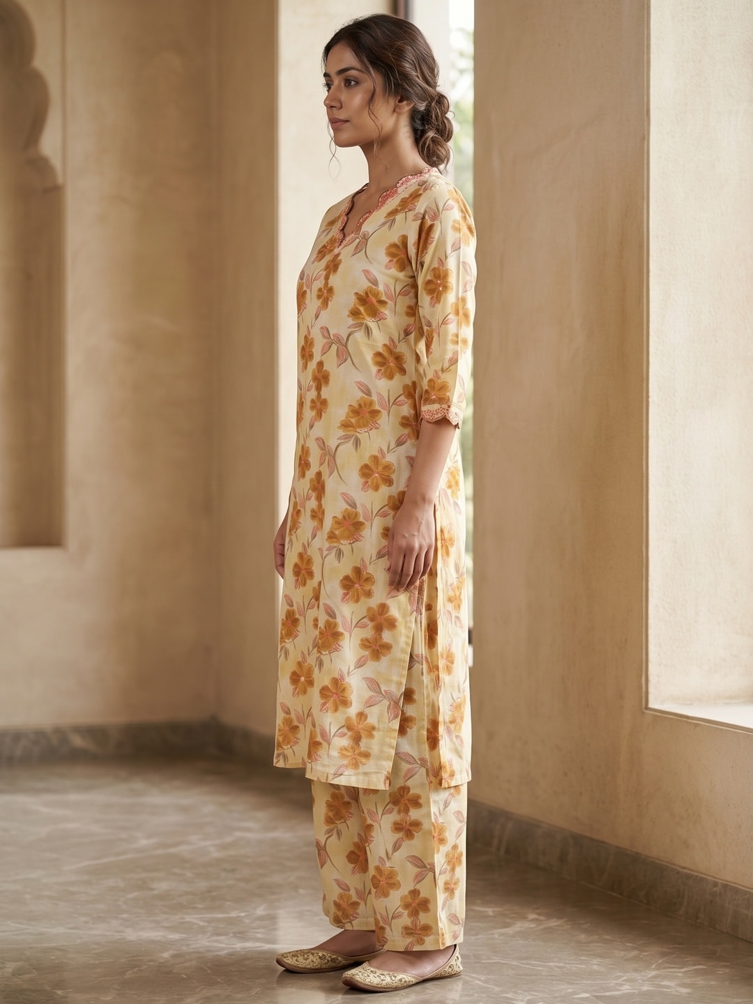 Peachmode Cream Cotton Floral Printed Co-ord Set - Image 3