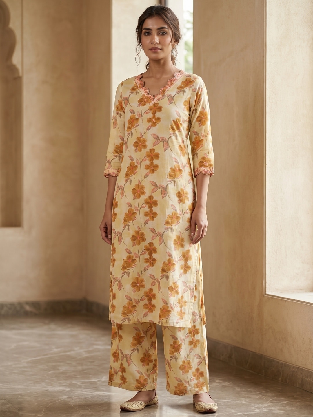 Peachmode Cream Cotton Floral Printed Co-ord Set - Image 5