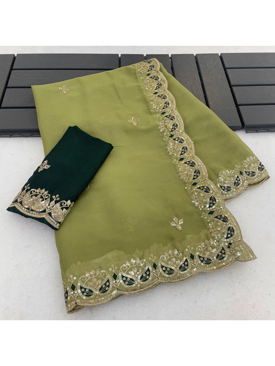 Peachmode Light Green Embroidered Georgette Silk Saree - Image 4