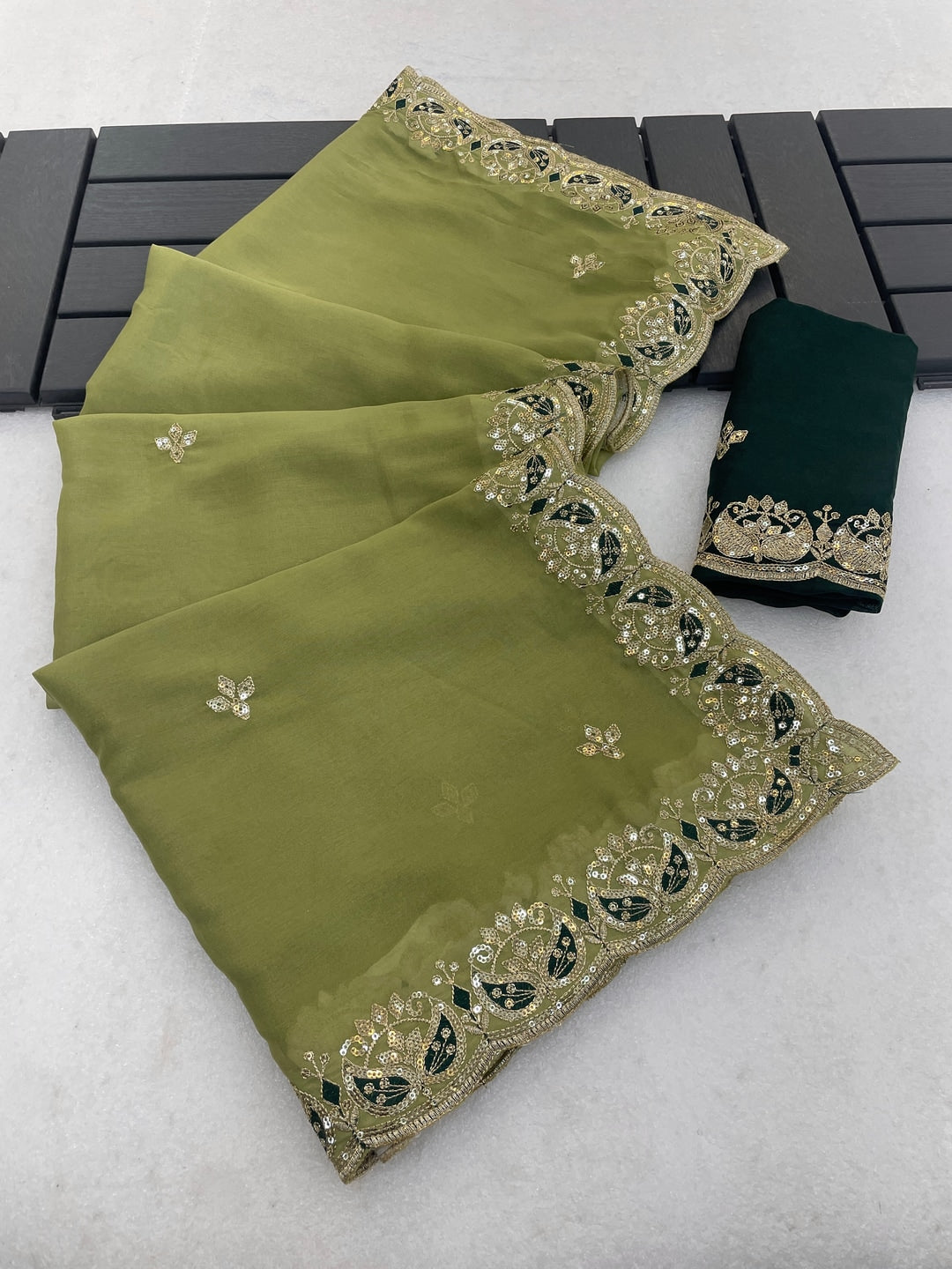 Peachmode Light Green Embroidered Georgette Silk Saree - Image 1