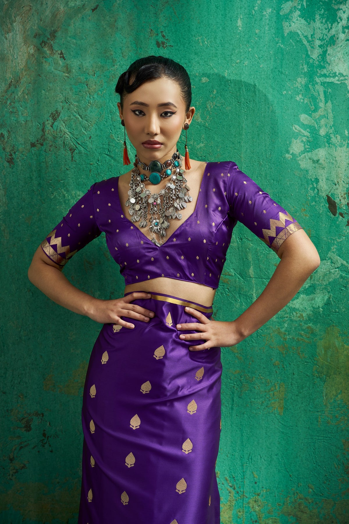 Peachmode Purple Satin Handloom Woven Saree - Image 3