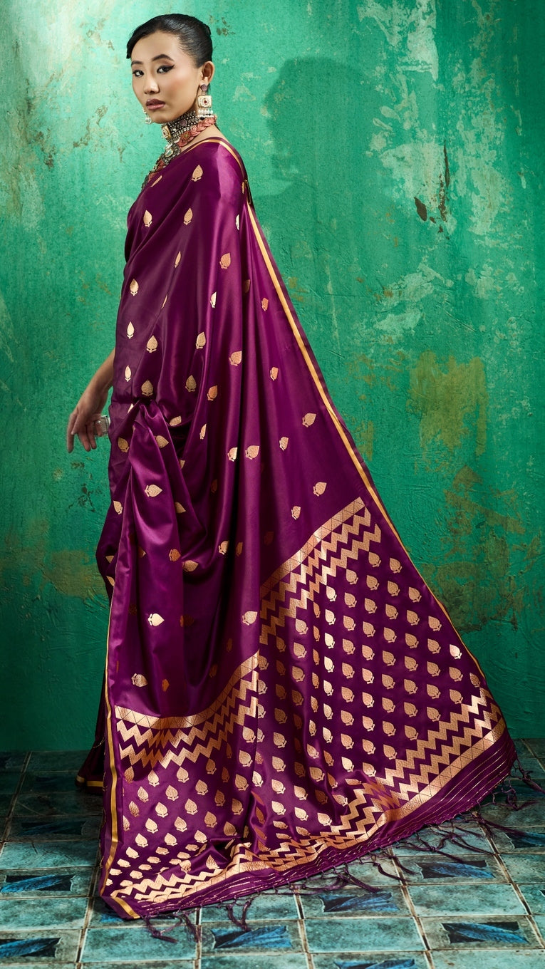 Peachmode Magenta Satin Handloom Woven Saree - Image 1
