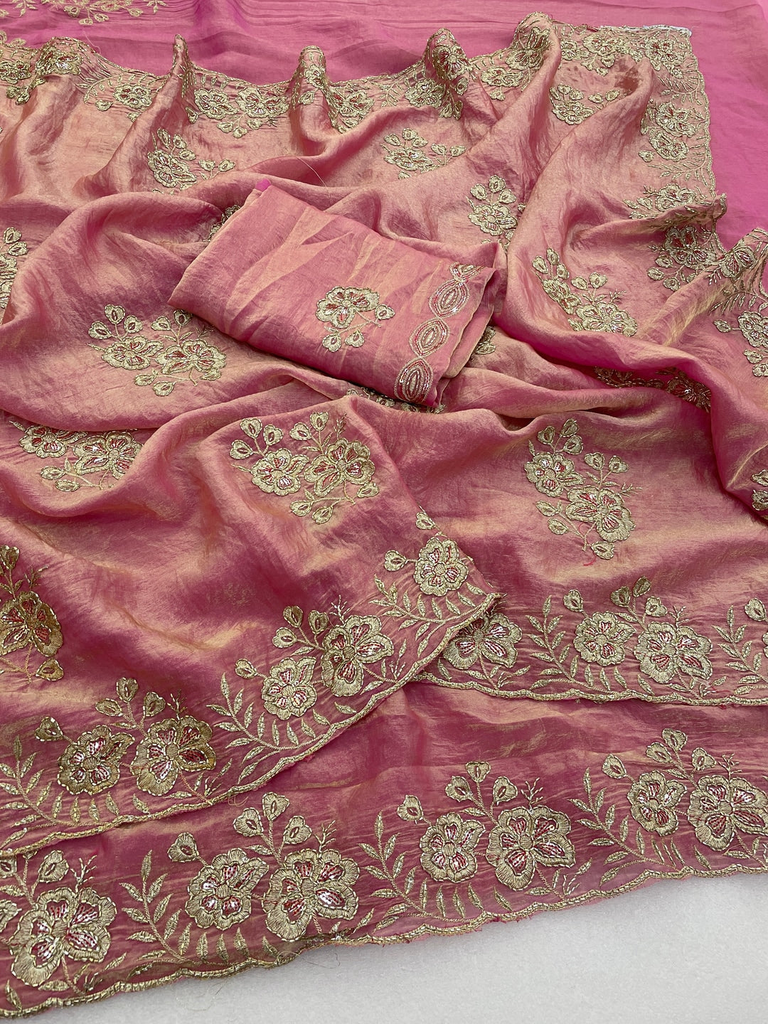 Peachmode Pink Embroidered Fendy Silk Saree - Image 2