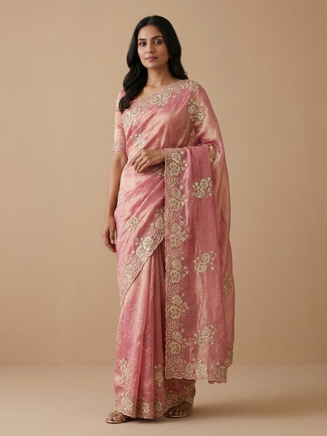 Peachmode Pink Embroidered Fendy Silk Saree - Image 1