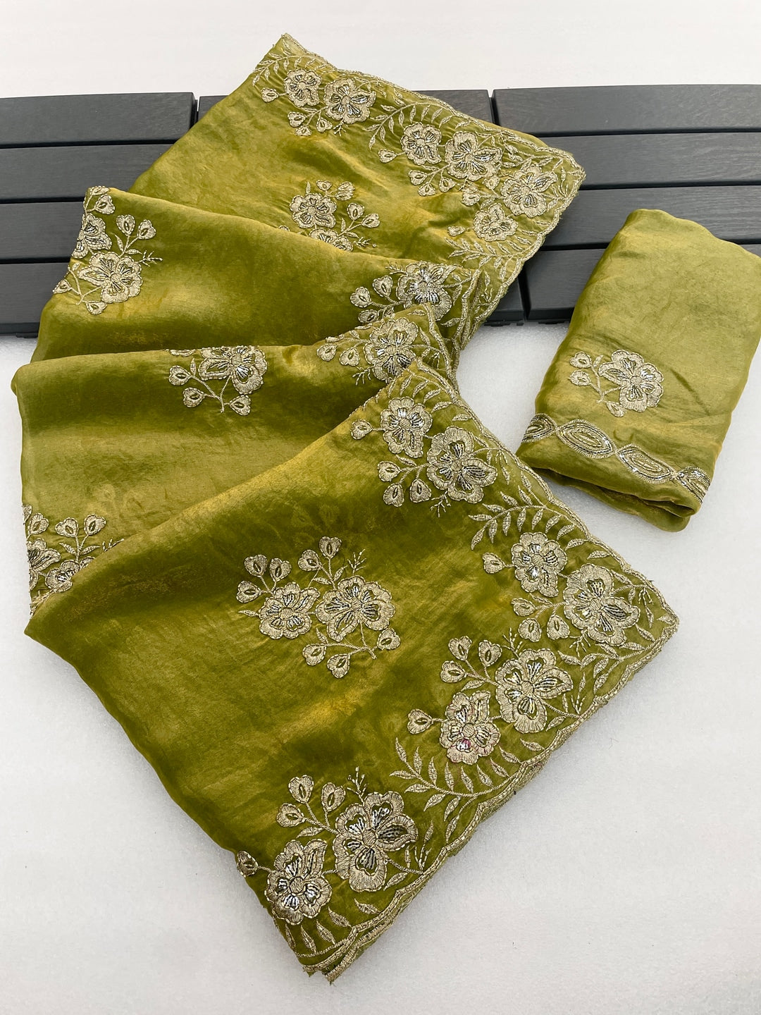 Peachmode Olive Embroidered Fendy Silk Saree - Image 4