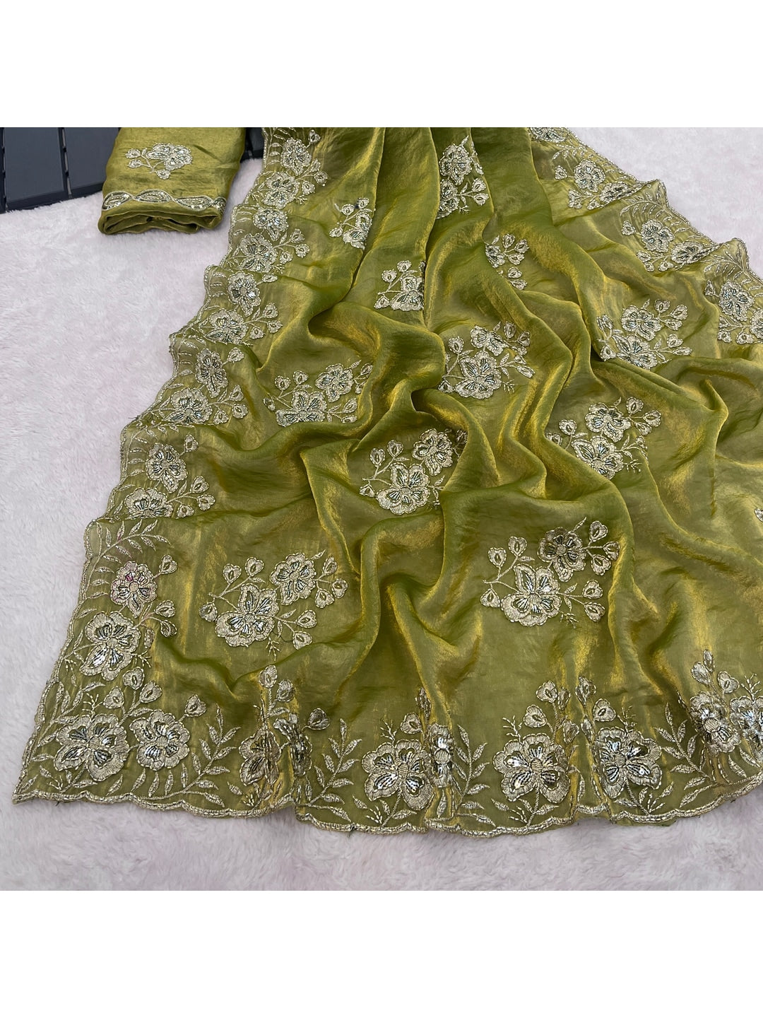 Peachmode Olive Embroidered Fendy Silk Saree - Image 5