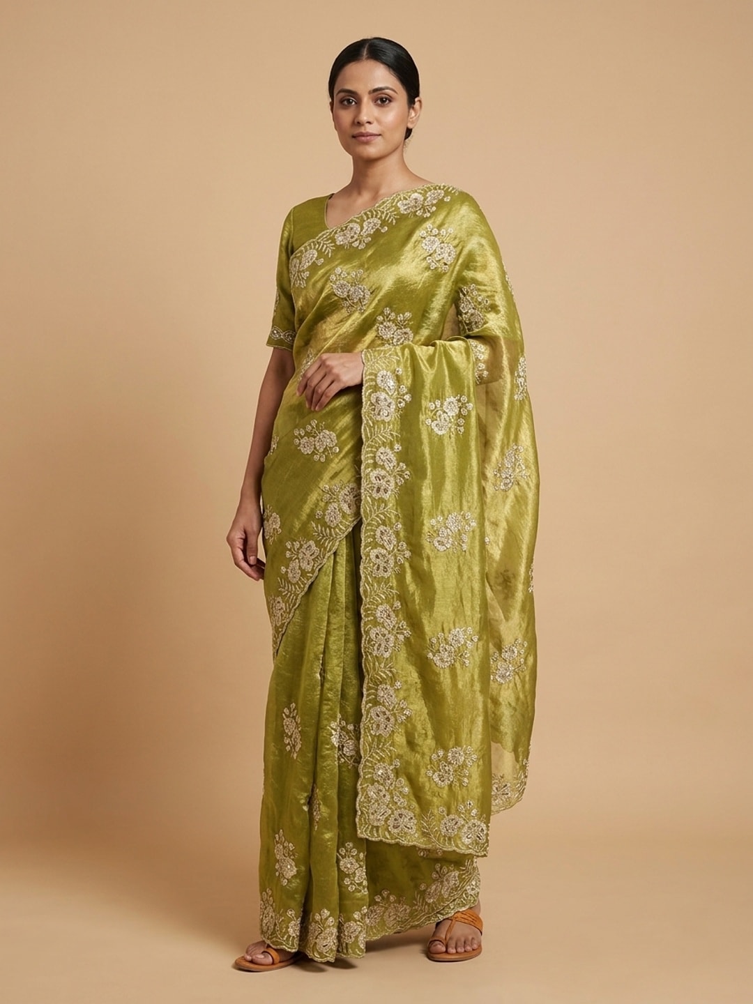 Peachmode Olive Embroidered Fendy Silk Saree - Image 1