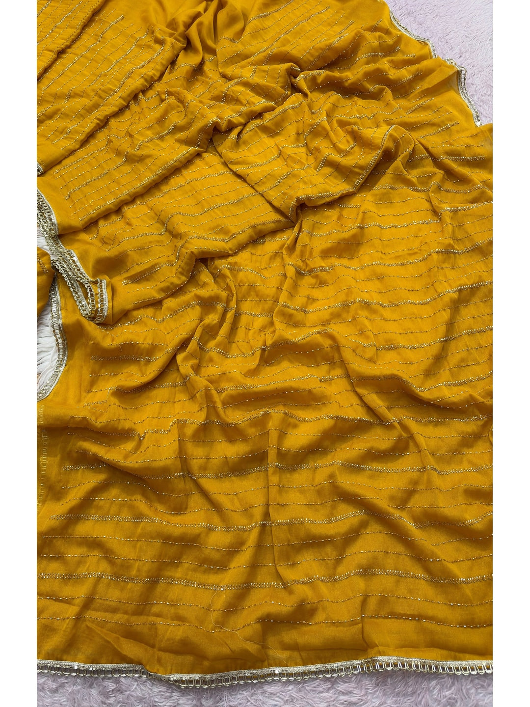 Peachmode Mustard Beads Work Star Georgette Saree - Image 2