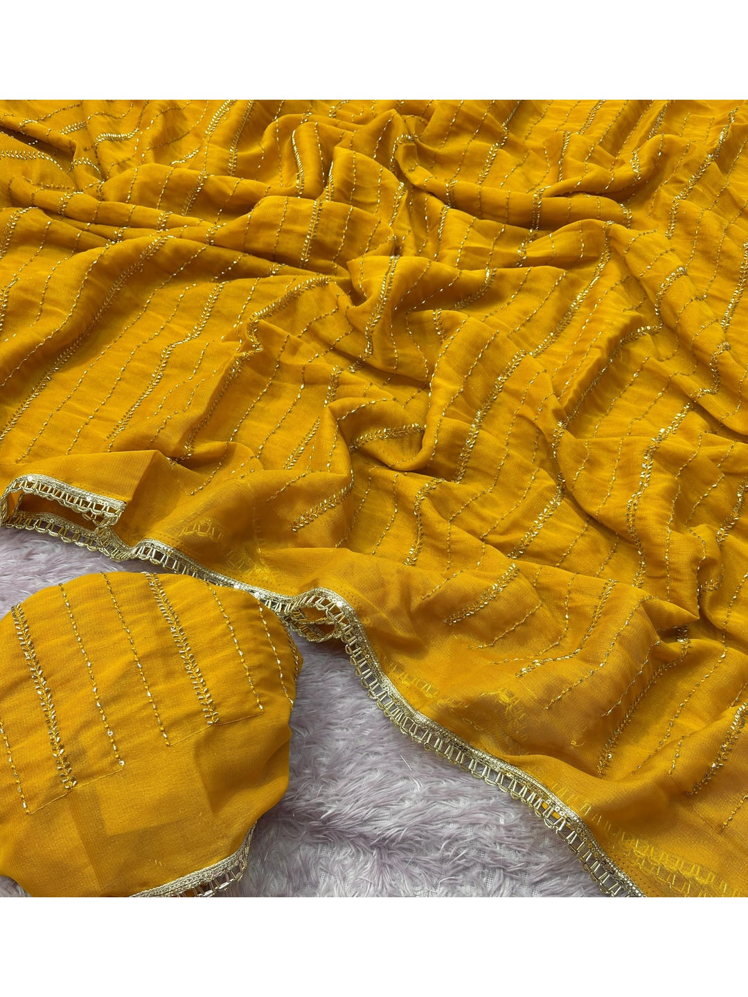 Peachmode Mustard Beads Work Star Georgette Saree - Image 3