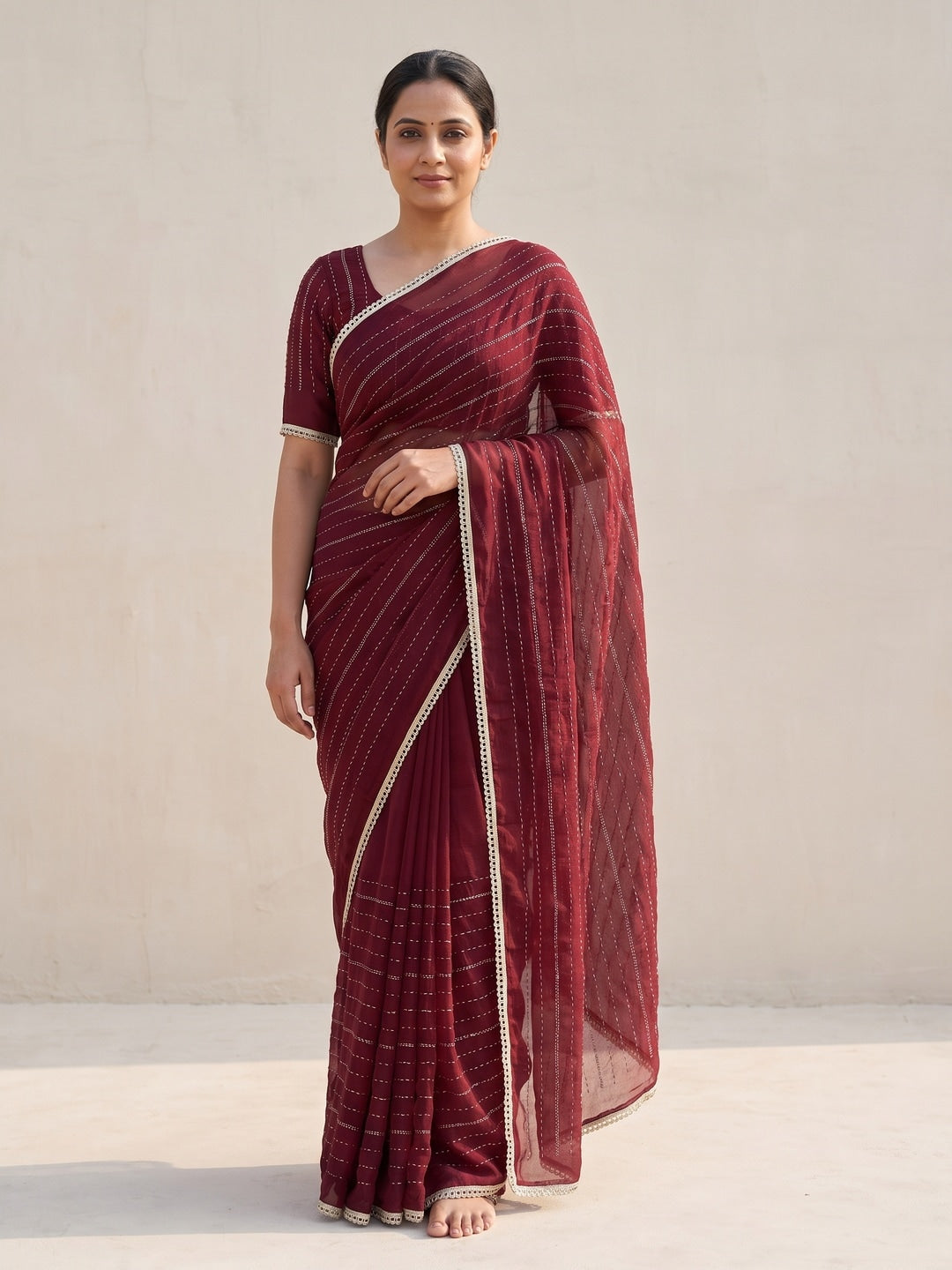Peachmode Maroon Beads Work Star Georgette Saree - Image 1