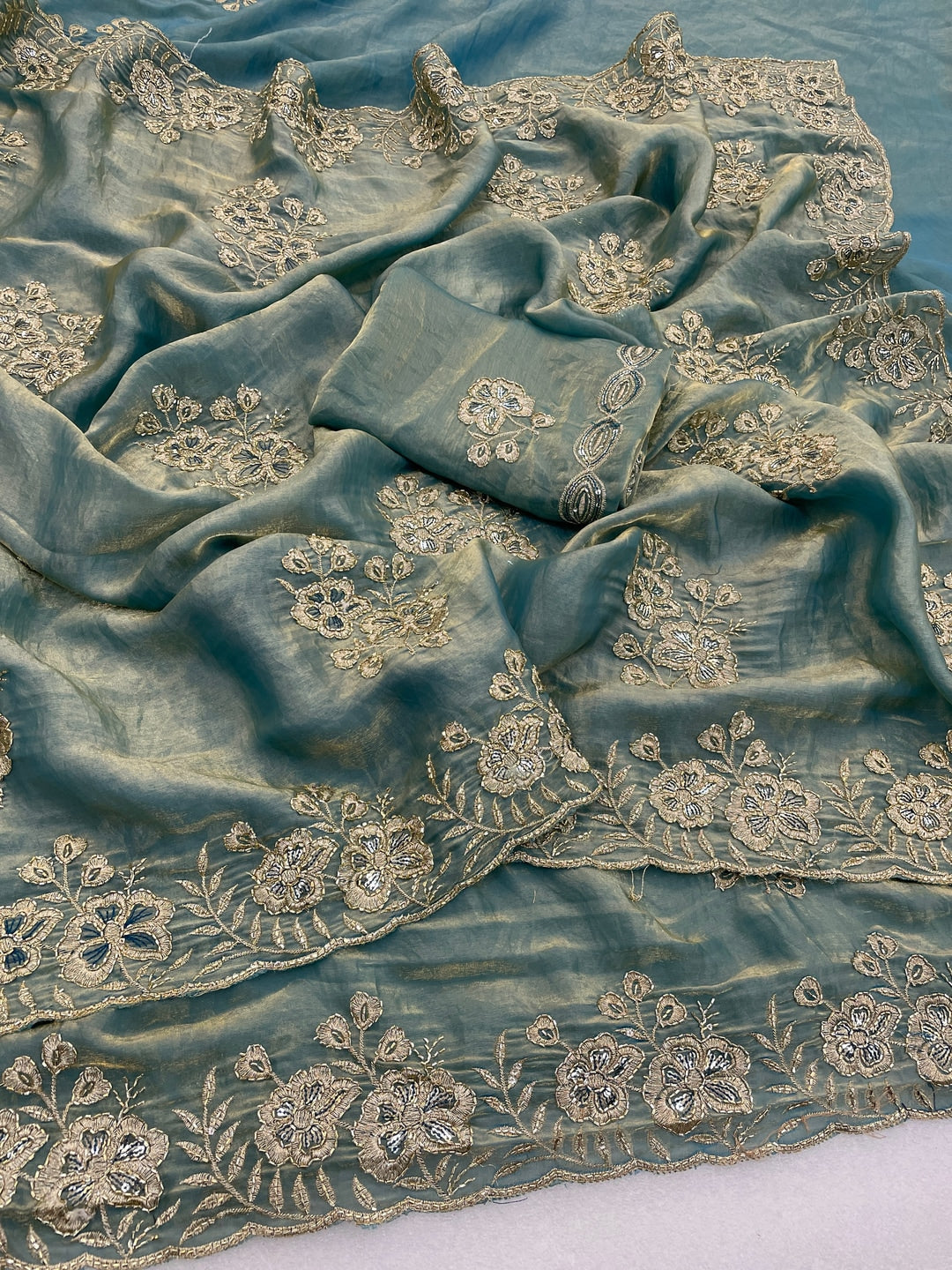 Peachmode Sky Blue Embroidered Fendy Silk Saree - Image 2