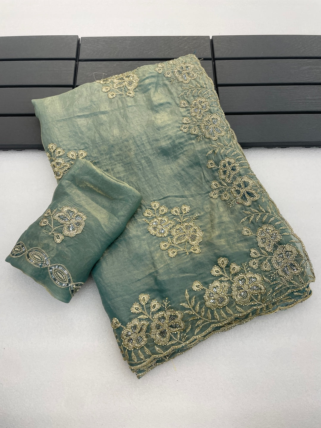 Peachmode Sky Blue Embroidered Fendy Silk Saree - Image 3